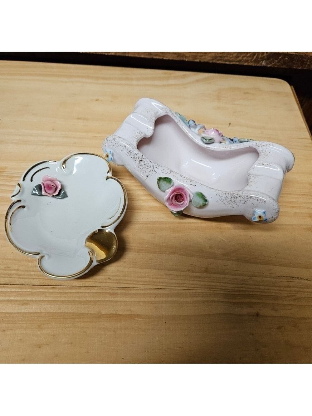 Vintage Antique 2 Hand-painted Floral Porcelain Ashtrays